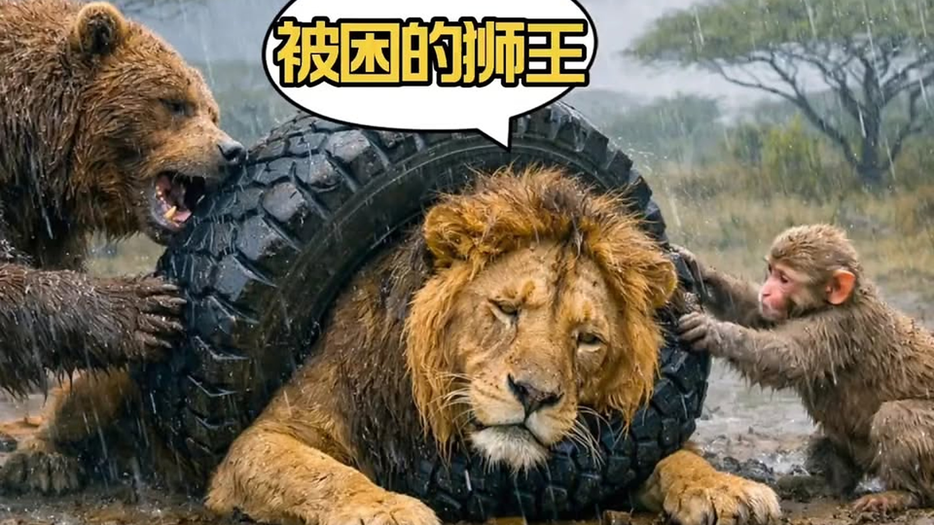 Full Video : N2406062_Lion king trapped by a tire waits for a miracle in the heavy rain..mp4 | Comedy Film Station