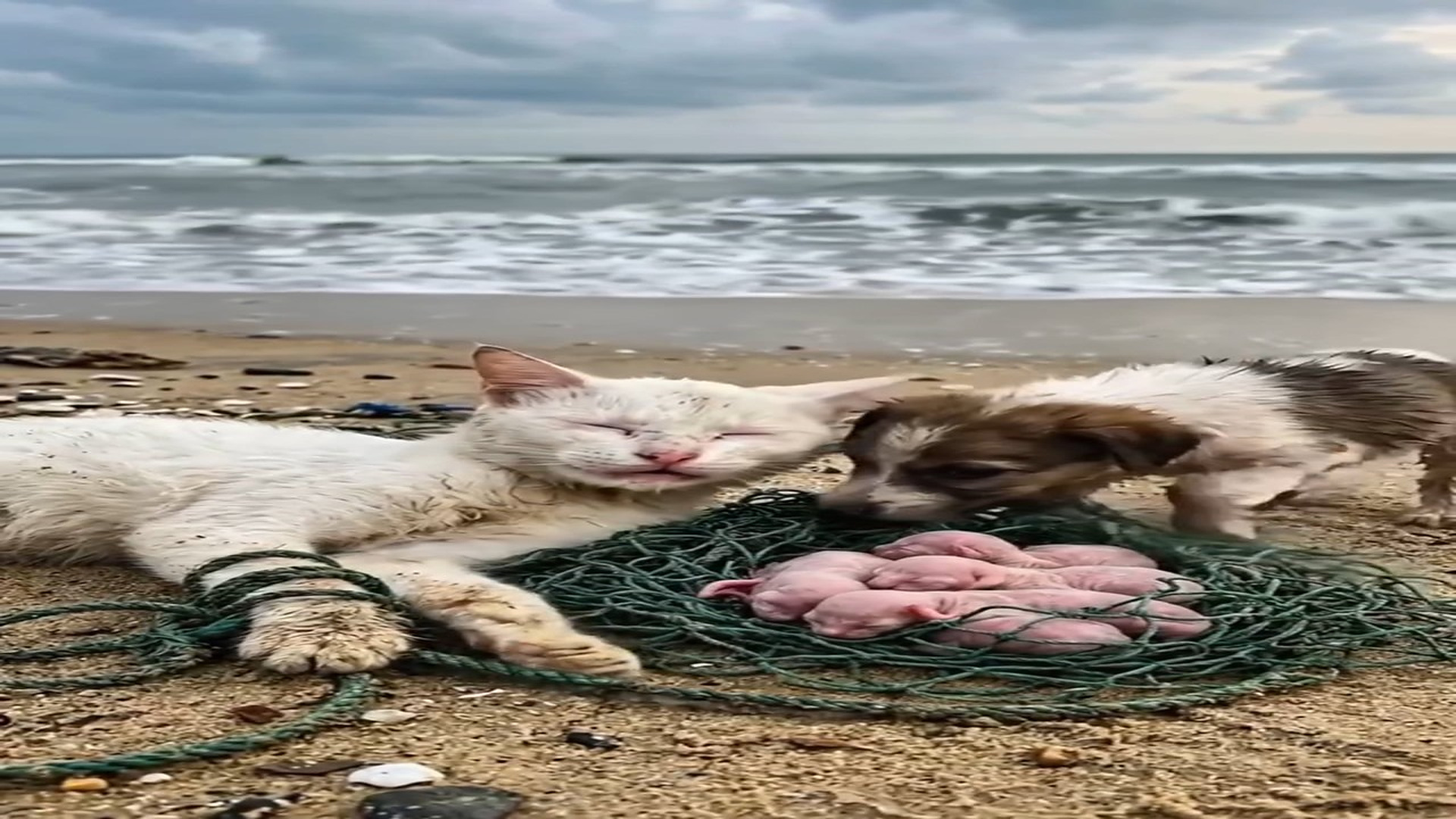 Full Video : N2707062_Please Help A Sick Mother Cat Lies On Seashore While Her Kittens C